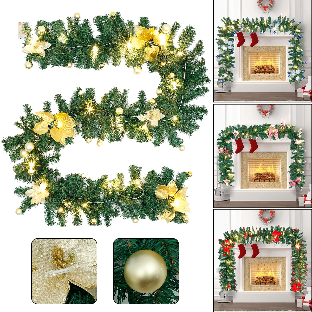

2.7m Christmas Decorated Garland with LED Lights Illuminated Wreath for Indoor Outdoor Fireplace Stair Railing Xmas Tree Decor