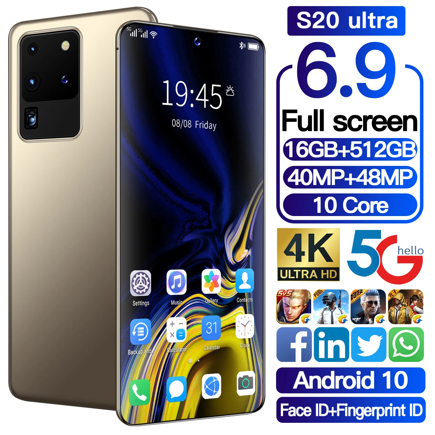 

Hot Sale S20 Ultra 16+512GB 6.9 Inch 5000mAh Fingerprint ID Andriod Smart Phone Phone Global Version 40+48MP 10 Core Celular