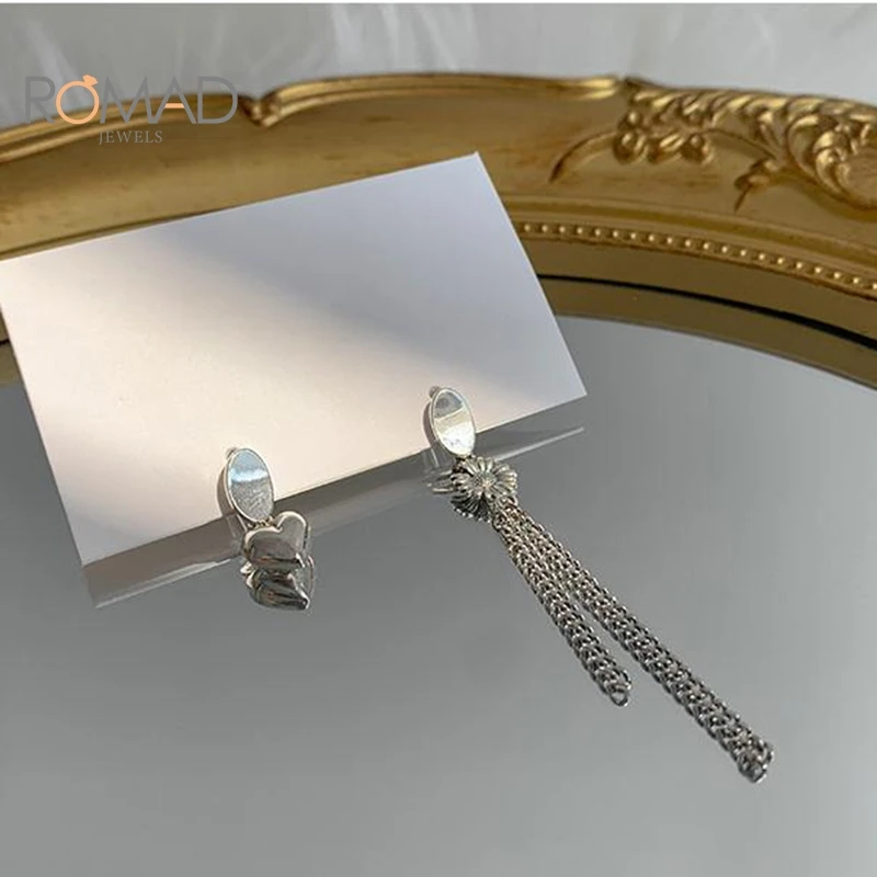 

ROMAD Korean Jewelry Long Chain Tassel Hoop Earrings For Women Silver Color Daisy Heart Asymmetrical Earrings Bijoux Femme