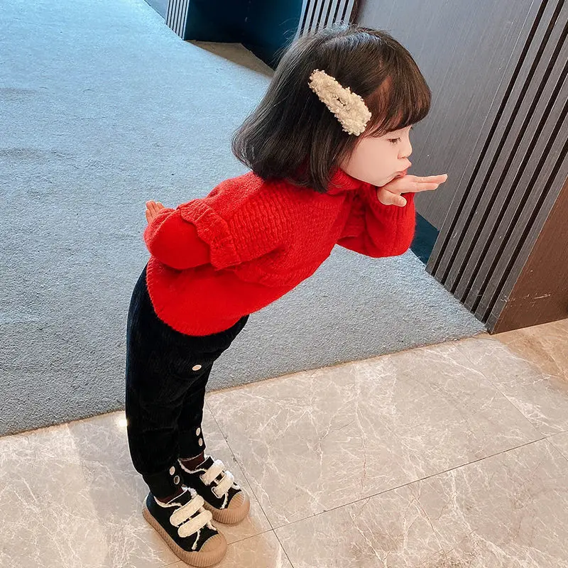 

Girls Sweater Baby's Coat Outwear 2021 Red Khaki Thicken Warm Winter Autumn Knitting Casual Pullover Top Cotton Children's Cloth