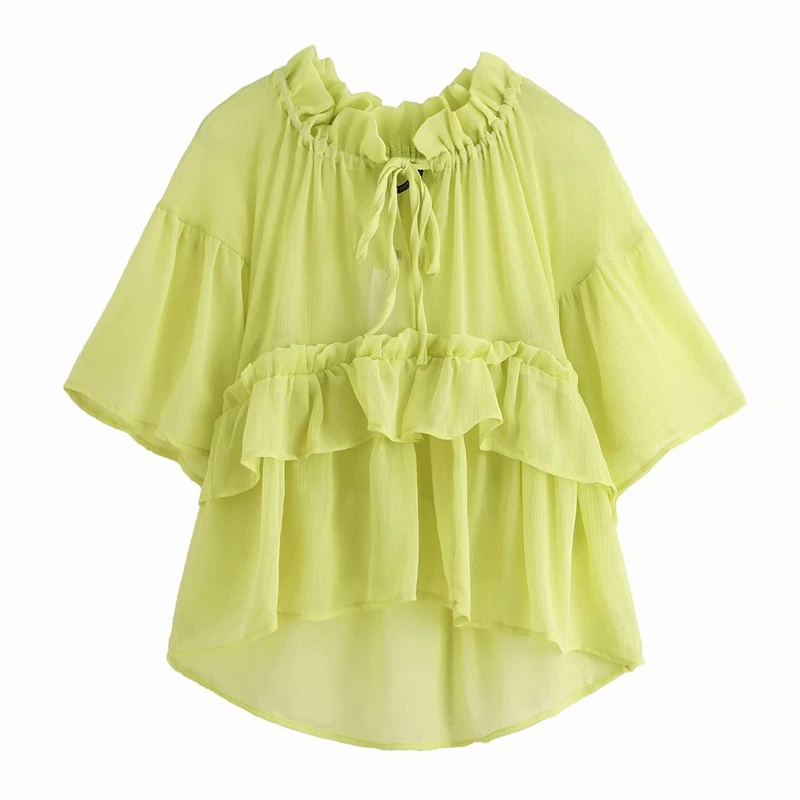 Летняя блузка с круглым вырезом и каскадными оборками прозрачные шифоновые топы