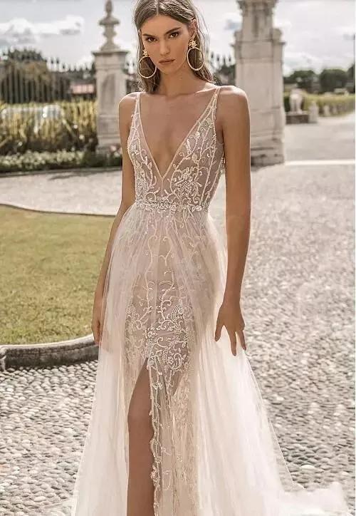 Пляжные свадебные платья Berta современные прозрачные с глубоким v образным