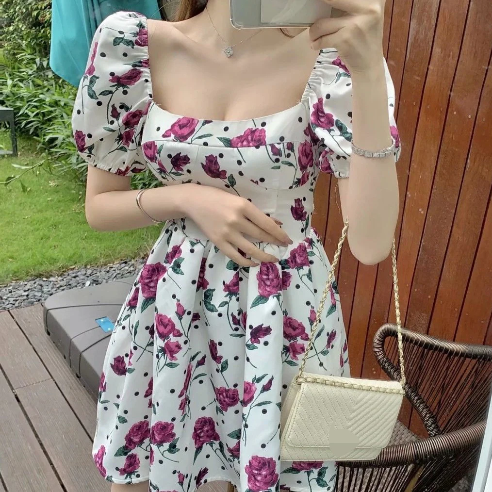

French minority bubble sleeve retro square neck rose sweet broken flower dress female summer