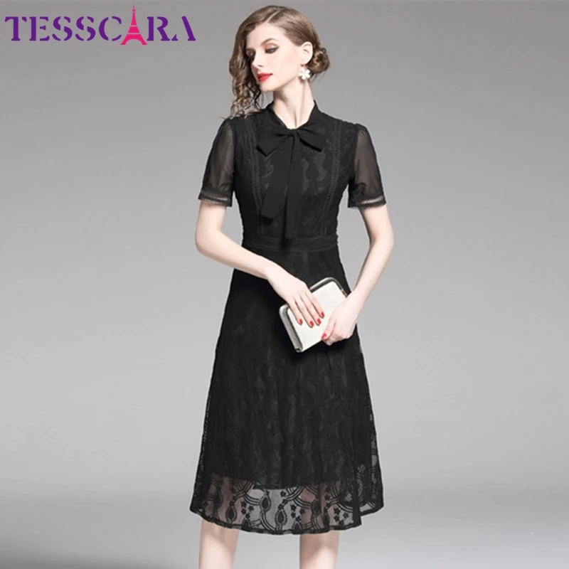 Женское летнее элегантное кружевное платье TESSCARA женское черное офисное