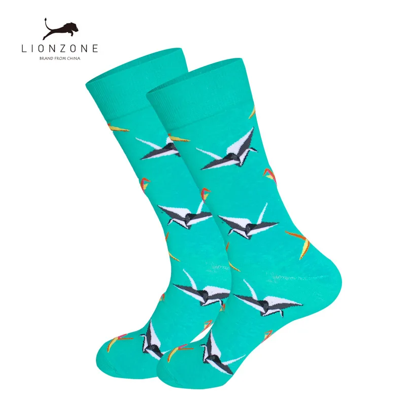 Бренд LIONZONE качественные Веселые носки для мужчин, полосатые носки с дизайном «звёзды», новые стильные цветные мужские носки из чесаного хлопка - Цвет: Green paper crane