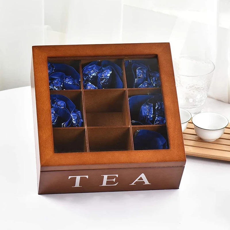 

9 Cells Wooden Storage Box with Visible Lid for Tea Bag Jewelry Coffee Retro Style 23*23*9CM H88F