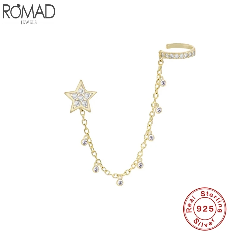 

Romad 1 шт. 925 стерлингового серебра серьги-клипсы для Для женщин Star CZ цепь серьги из нержавеющей стали, поддельный пирсинг ювелирные украшения ...