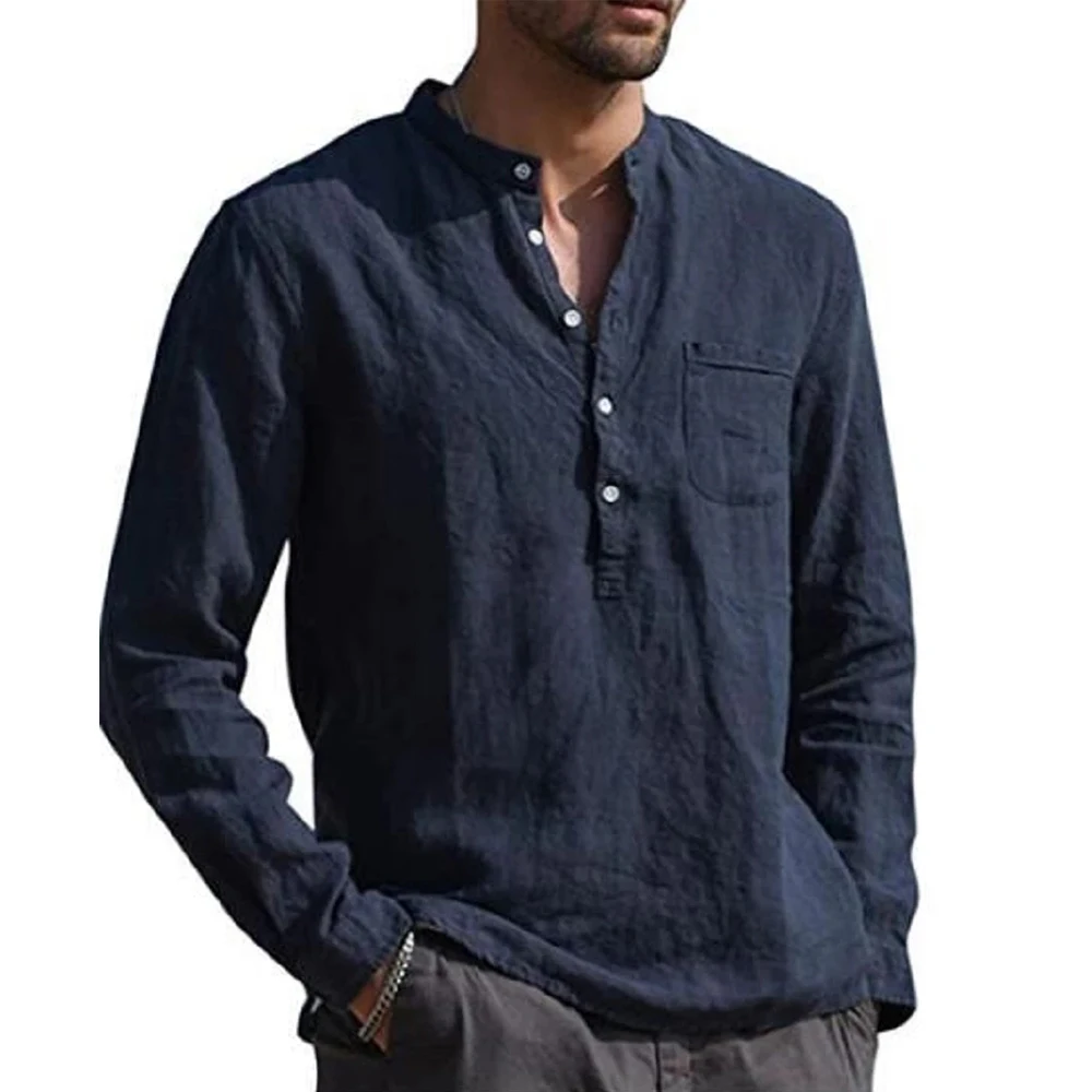 

2021 Hot Sale Men's Long-Sleeved Shirts Summer Solid Color Cotton Linen Stand-Up Collar Casual Beach Style Plus Size