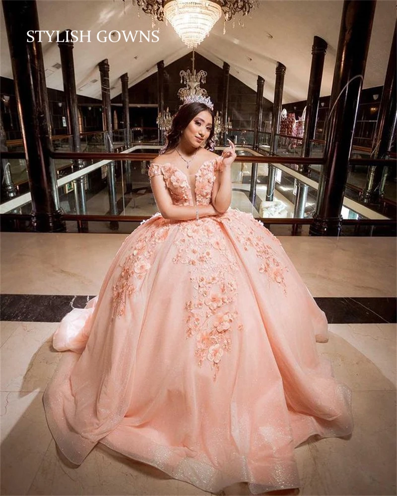 

Charming Off The Shoulder Ball Gown Dress Princess Quinceanera Dresses 3D Flowers Tulle Puffy Sweet 16 Vestidos De Fiesta
