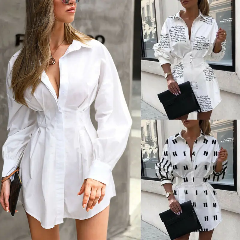 2019 Women Long Sleeve Turn-down Collar Shirt Dress Ladies Elegant Office Business White Mini Plus Size | Женская одежда