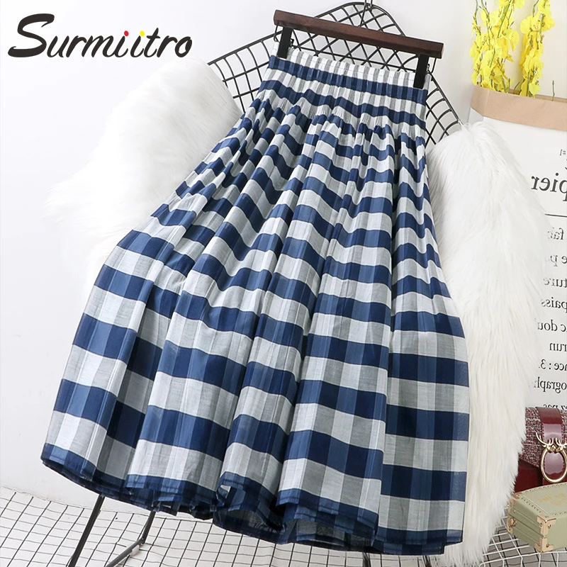 

SURMIITRO 2021 Spring Summer Long Pleated Skirts Women Korean Style Vintage Stripe Aesthetic High Waist Midi Skirt Female