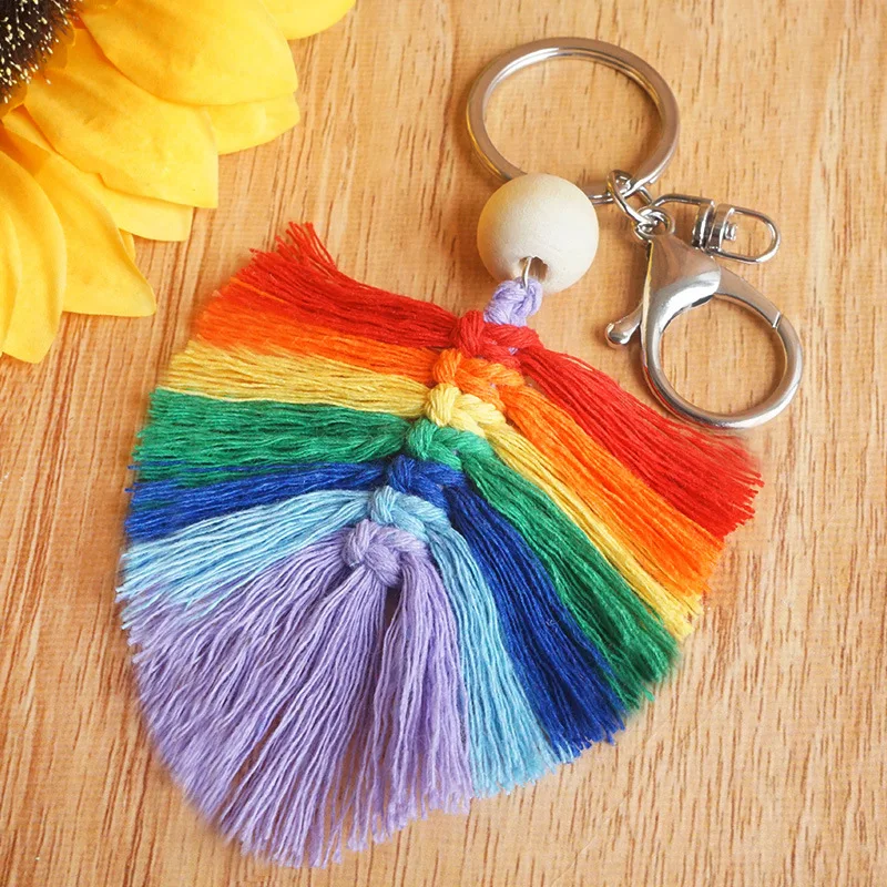 

Creative Original Design Handmade Knotted Macrame Tassel Keychains for Women Rainbow Key Rings Accessories