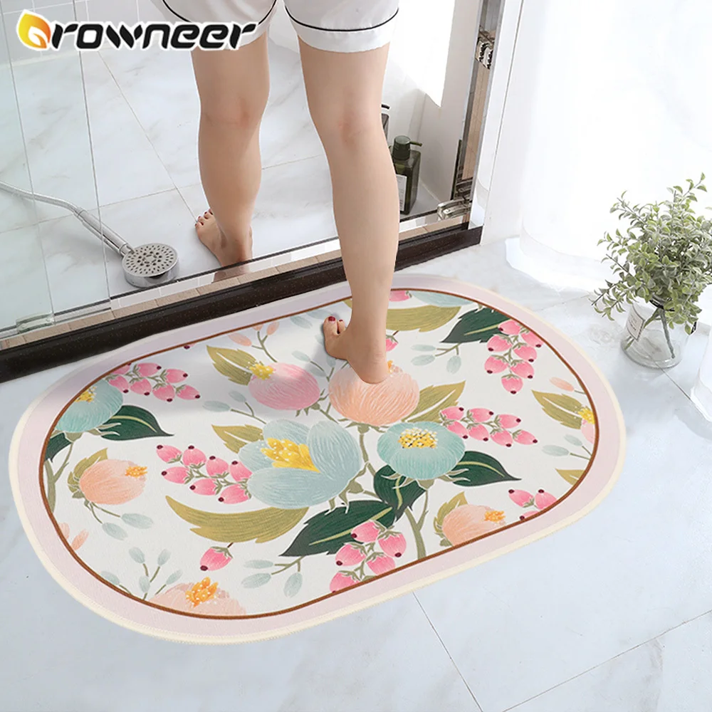 

Oval Bathroom Mat Flower Print Crystal Velvet Non-slip Floor Rug Absorbent Shower Room Entrance Doormat Bathtub Side Carpet