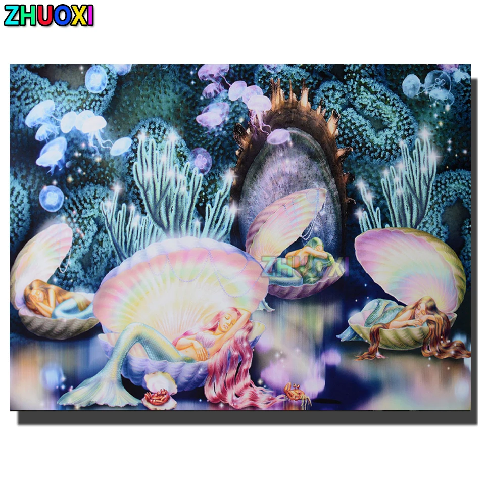 

Full resin Diamond 5d Diy Diamond Painting Mermaid princess sleeping in the shell 3D Embroidery round drill Cross Stitch Mosaic