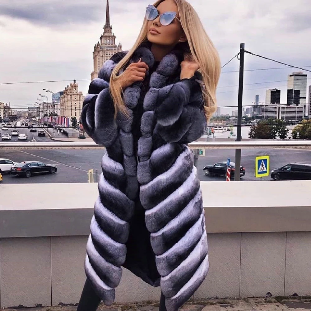 Long Real Rex Rabbit Fur Coats for Women Winter Outwear Luxury 2022 New Whole Skin Genuine Rex Rabbit Fur Coat with Stand Collar