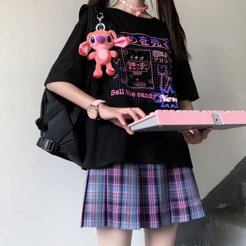 

Harajuku Graphic T Shirts Women 2021 Japanese Style Alt Clothes Aesthetic Summer Cartoon Tops Mujer MINGLIUSILI Black Tee Shirt
