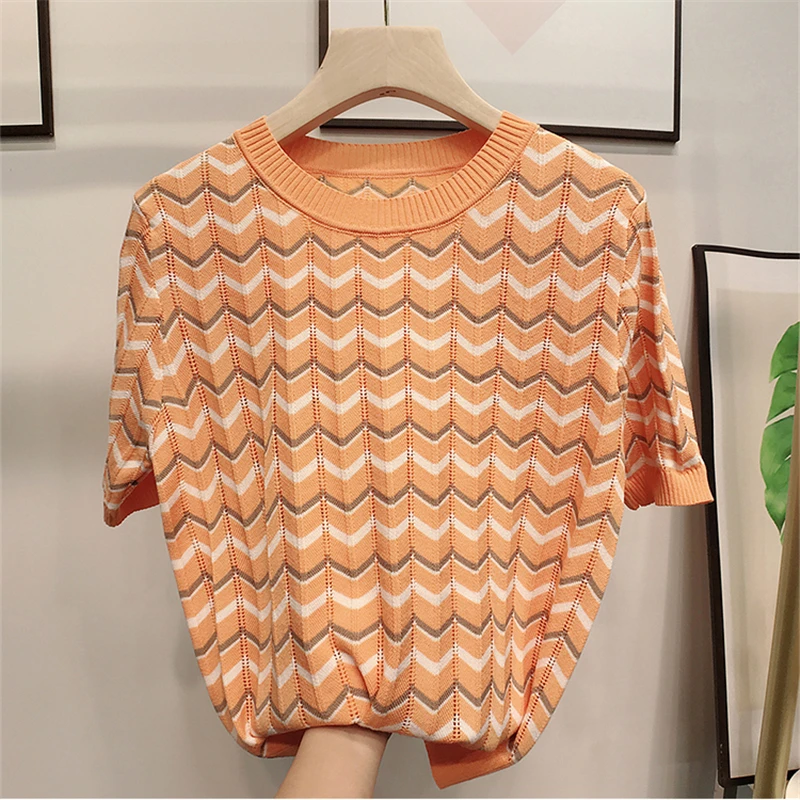 На каждый день рельефное полосатые трикотажные топы с короткими рукавами для