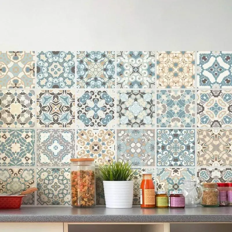 

24pcs Adhesive Tiles Stickers Art Diagonal Mosaic Floor Sticker Vintage Pattern Art Decorative Accessories for Kitchen Bedroom