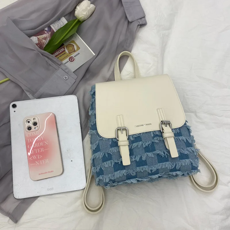 

Personalized Fashion Denim Backpack for Women 2021 Korean Fashion Color Contrast Simple Ins Student Girls Travel Backpack Trend