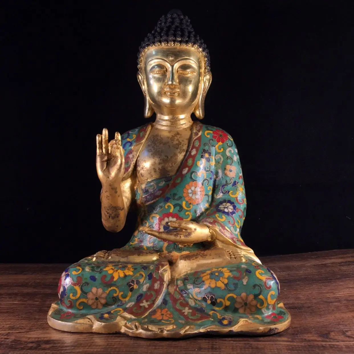 

12"Chinese temple collection Old Bronze Cloisonne Enamel Sakyamuni Buddha statue Amitabha Enshrine the Buddha Ornaments