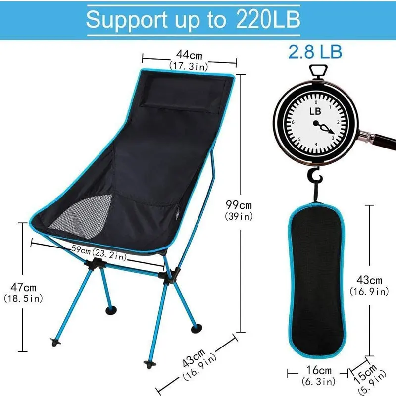 저렴한 초경량 휴대용 하이 백 접이식 낚시 의자, 머리 받침 포함, 야외 캠핑 하이킹 피크닉 배낭 여행 잔디 해변 바베큐용