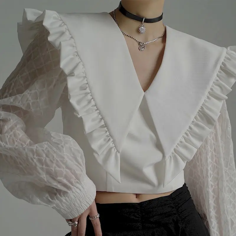 

2021 autumn shirt women design angel v-neck long-sleeved lapel lantern sleeve shirts solid color Korean office female blouses