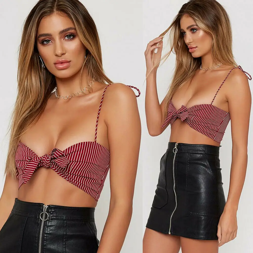 В полоску с галстуком бабочкой топ на бретелях Топы женские летние пикантные