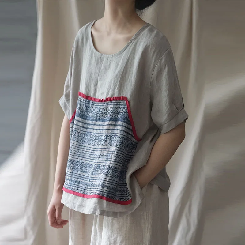 Vintage Floral Print Patchwork Pocket Women Top 2019 Summer New Casual Fashion O-neck All-match Short Sleeve | Тематическая одежда