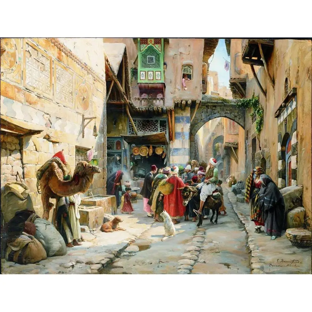 3 картины ручной работы учителями-уличная сцена Дамасская Сирия Густав