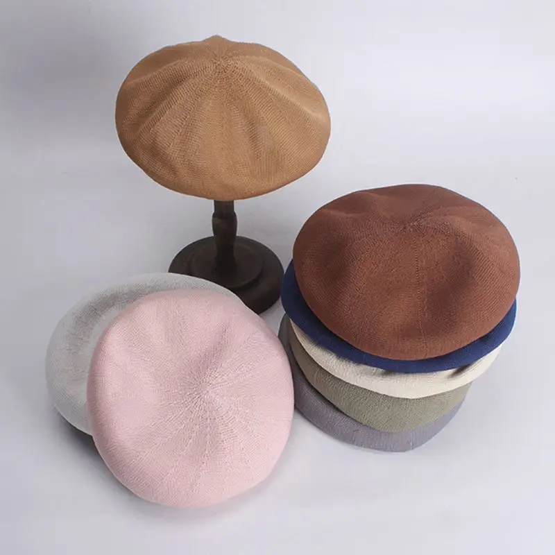 Женский вязаный плоский берет женская шапка бини дышащие тонкие однотонные