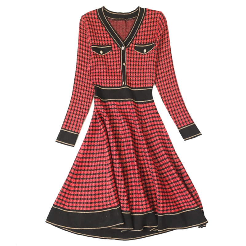 

Korean Chic V-neck Patchwork Dress Women Long Sleeve Knit Plaid Women's Dresses Fashion Casual Knitted Clothes 2021 Spring