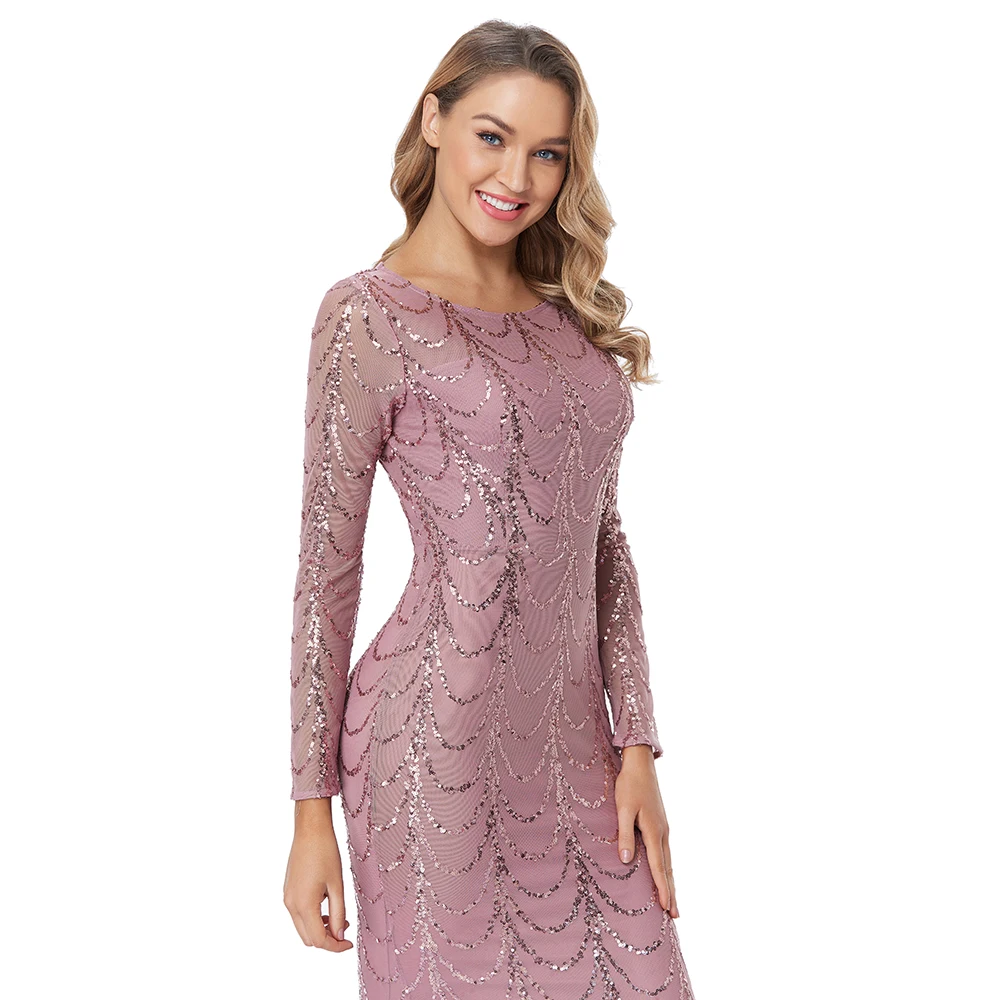 

Woman dress New Evening Pink Dress O Neck Full Sleeve Mermaid Sequins Tulle Floor Length Party Dress Women Formal Dress