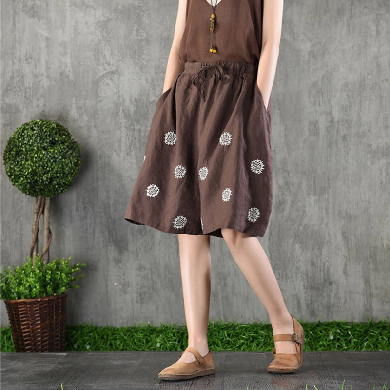 

Women's Shorts Summer Fashion 2021 Casual Loose Cotton Linen High Waist Harem Short Pants Embroidery Wide Shorts for Women