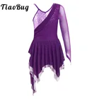 Детское балетное танцевальное платье с блестками для девочек, сетчатый костюм на одно плечо с длинными рукавами для фигурок, катания на коньках, гимнастики, танцевальные костюмы