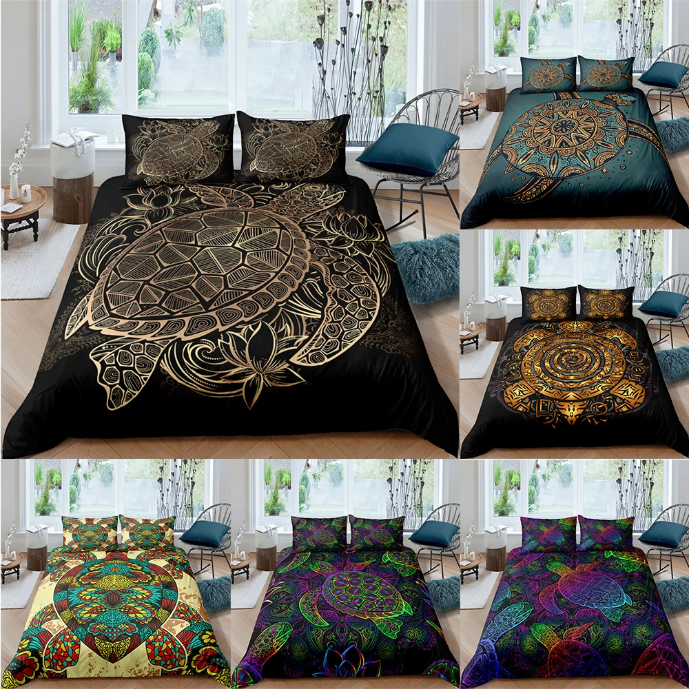 

2/3PCS Bedding Sets 3D Effect Gold Sea Turtle Pattern Duvet Cover Set With Pillowcase Queen King Full Single Size