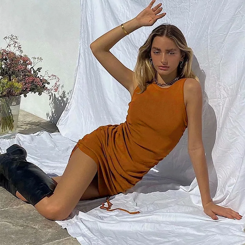 

Ruched Drawstring Bodycon Dress Women Sexy Sleeveless Party Dress Ladies Elastic Cotton Mini Dress Solid Summer Elegant Vestidos