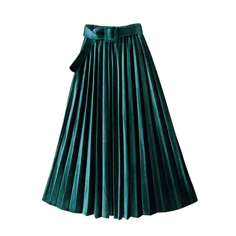 

belt velvet high waist women skirts 2020 autumn new pleated A-line knee-length office lady elegant skirts top quality