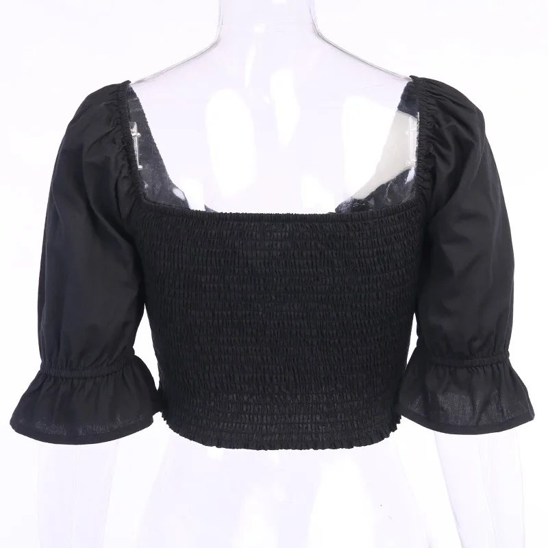 

2020 Fashion Hollow Sexy Navel Pleated Trumpet Sleeve T-shirt Women