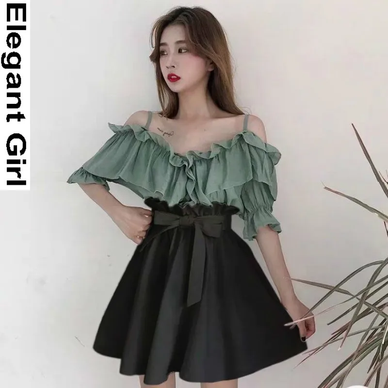 

2021 Girl Off-the-shoulder Loose Blosue Top + Elastic Waist Mini Skirt Suit Fashion Women's Two Piece Set Fresh Solid Color