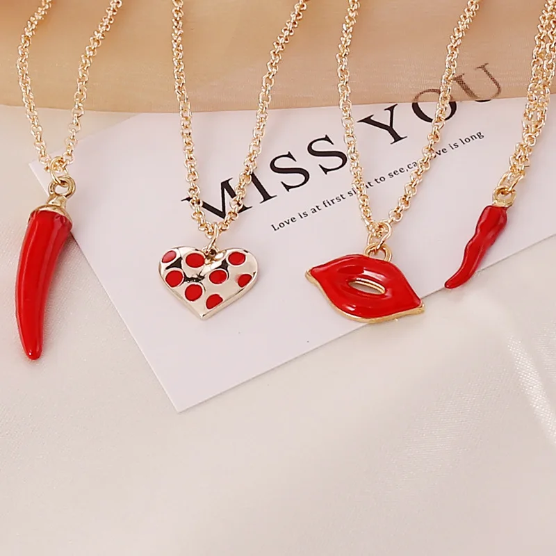 

New hot chili pepper red lip necklace girl gold new cute enamel chili pepper necklace female jewelry accessory gift