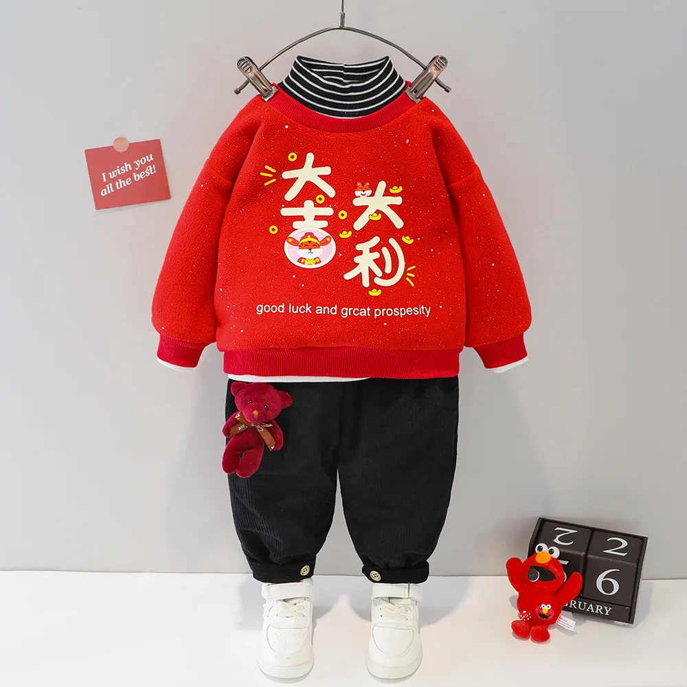 

Winter Toddler Boy Sets Chinese Style Cartoon Turtleneck Hoodie+Pants Two Piece Kids Suit Thicken Fleece Warm Newborn Boy Outfit