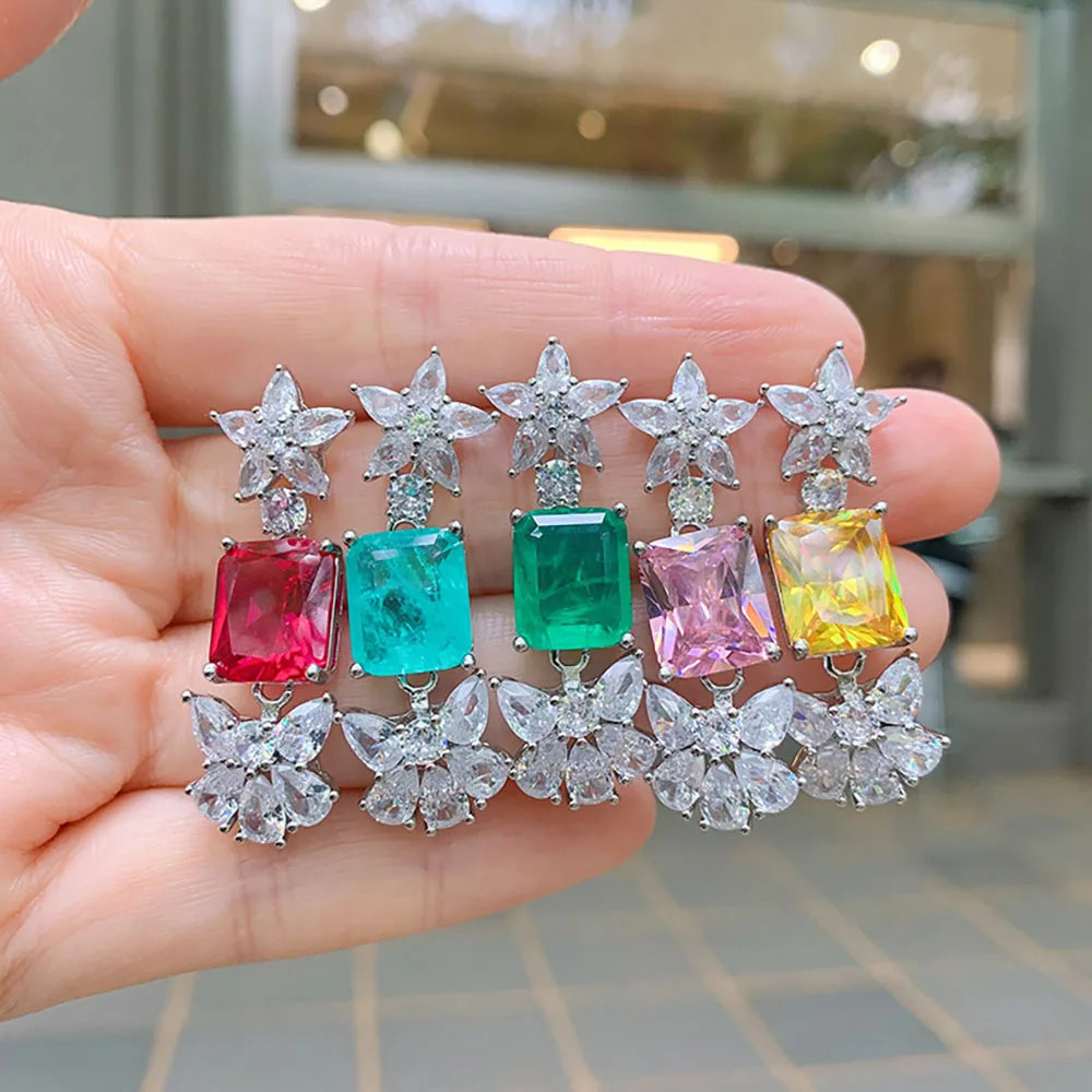 

2021 New Arrival Luxury Lab Diamond Drop Earrings 10*12mm Paraiba Tourmaline Emerald Ruby Gemstone Women's Earring Jewelry Gift