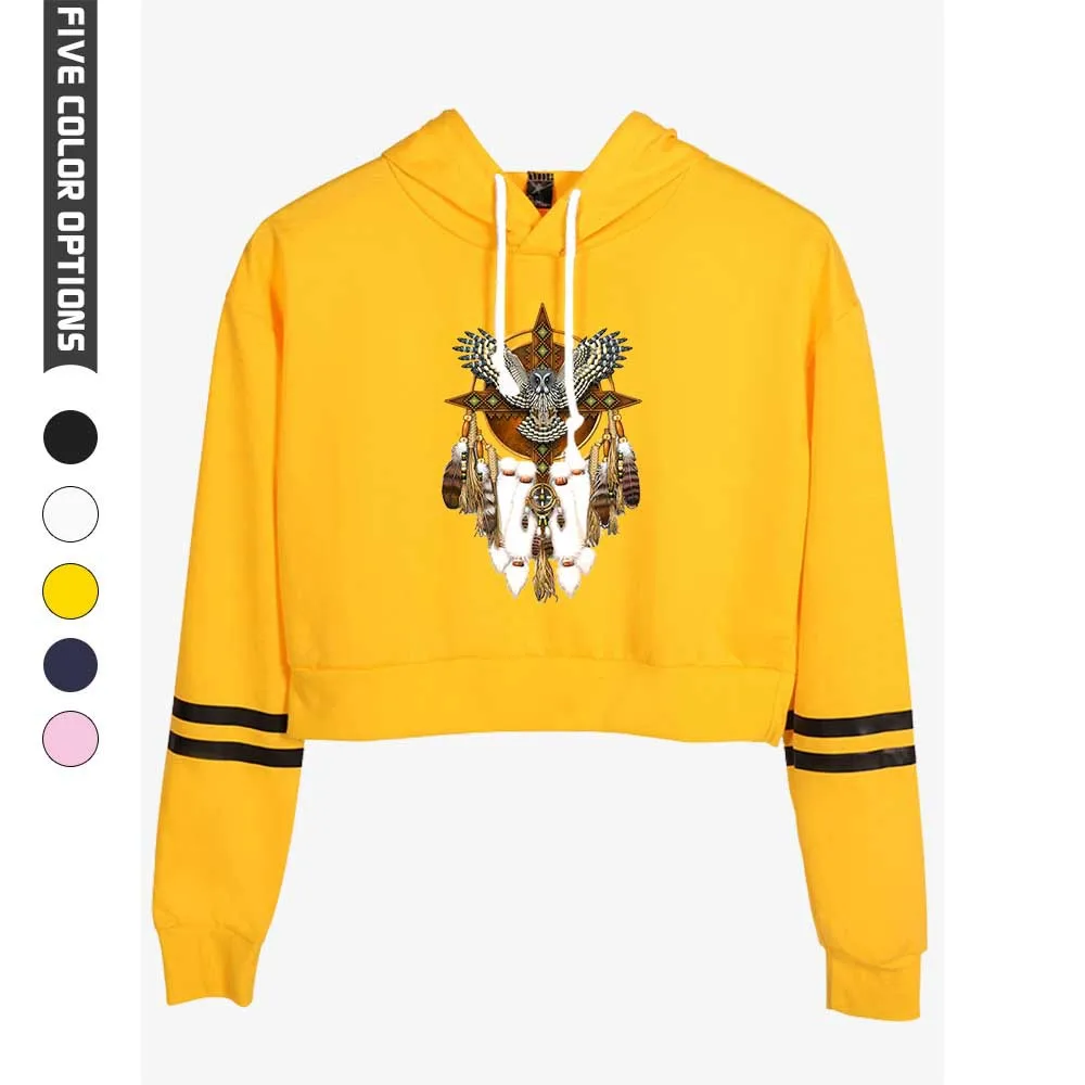 

Native Indian Wolf Crop Top Hoodies Women Hooded Short Sweatshirt Casual Trendy Tracksuit Pullover Tops Streetwear