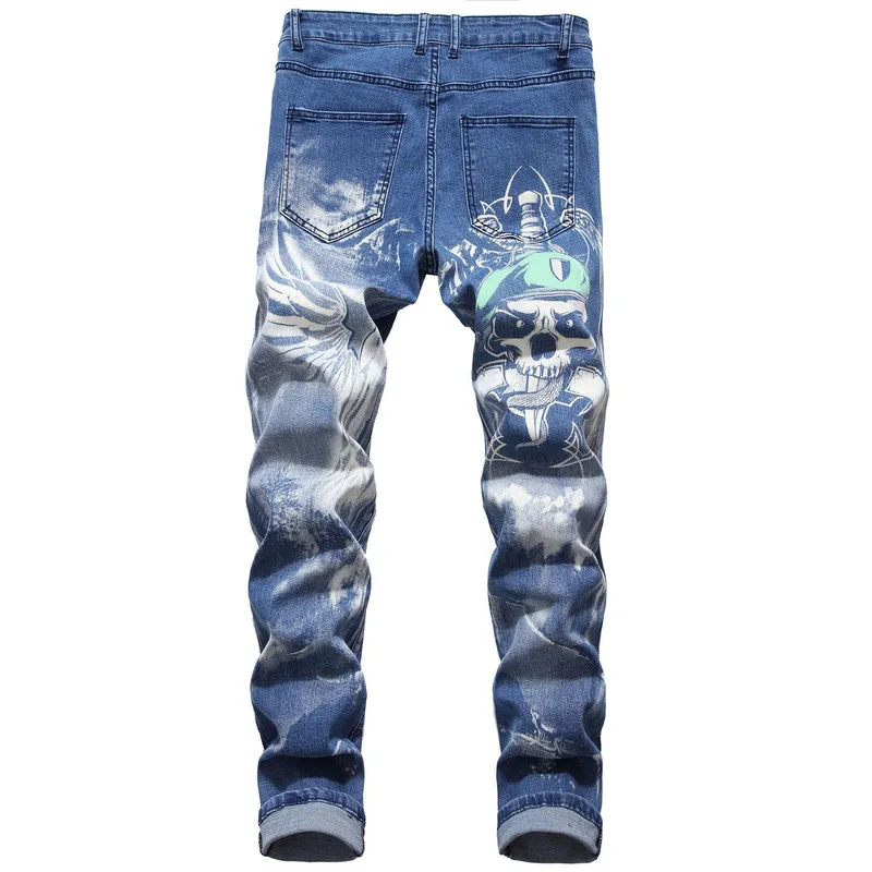 Skinny Jeans Men Straight Slim Fit Hip Hop Jean 3D Colored Printed Skull Designer Denim Jeans Pants Male Casual Trousers