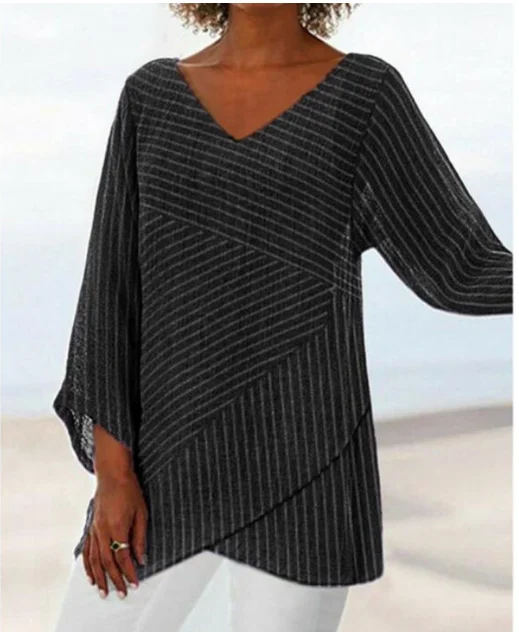 2022 Autumn The New Hot Selling V-neck Solid Color Cross Stripes WOMEN'S Dress Long Sleeve Tops S-5XL
