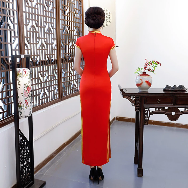 Красное Длинное Платье-Ципао в китайском стиле с коротким рукавом женские