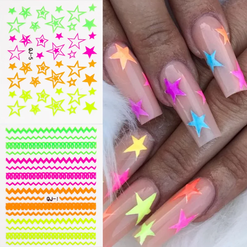 

Summer Self Adhesive 3D Nail Stickers Lines Stars Neon Transfer Decals Slider DIY Nails Art Decorations Wraps Manicure Sticker