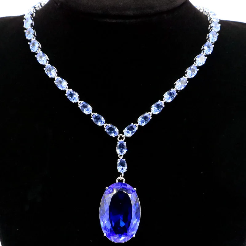 

52x20mm Delicate Fine Cut Created 31g Big Gemstone 30x20mm Paris Blue Topaz Woman's Bride Fine Jewelry Silver Necklace 18-19inch