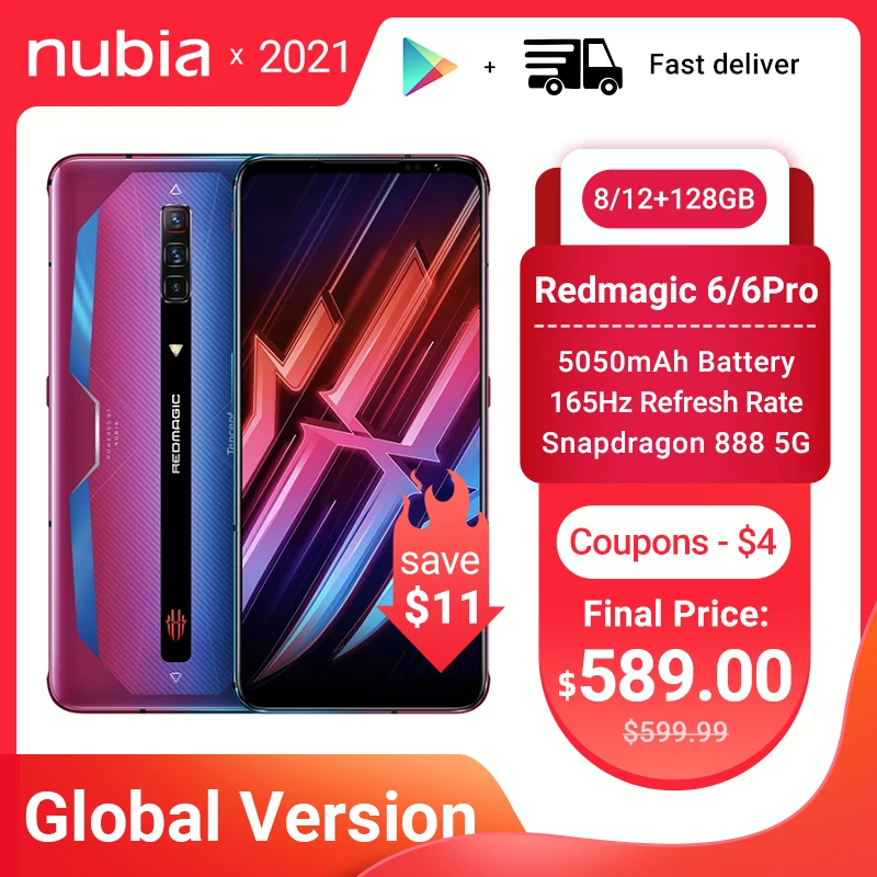 Перейти на Алиэкспресс и купить Nubia Red magic 6/6 Pro глобальная версия игровой смартфон рамка Redmagic 5G игровой мобильный телефон 165 Гц активно-матричные осид, Snapdragon 888 Google Play