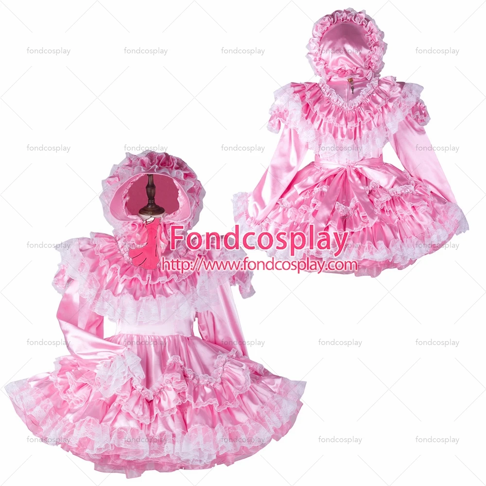 

fondcosplay adult sexy cross dressing sissy maid short baby pink satin dress lockable cap Uniform costume Tailor-made[G2364]